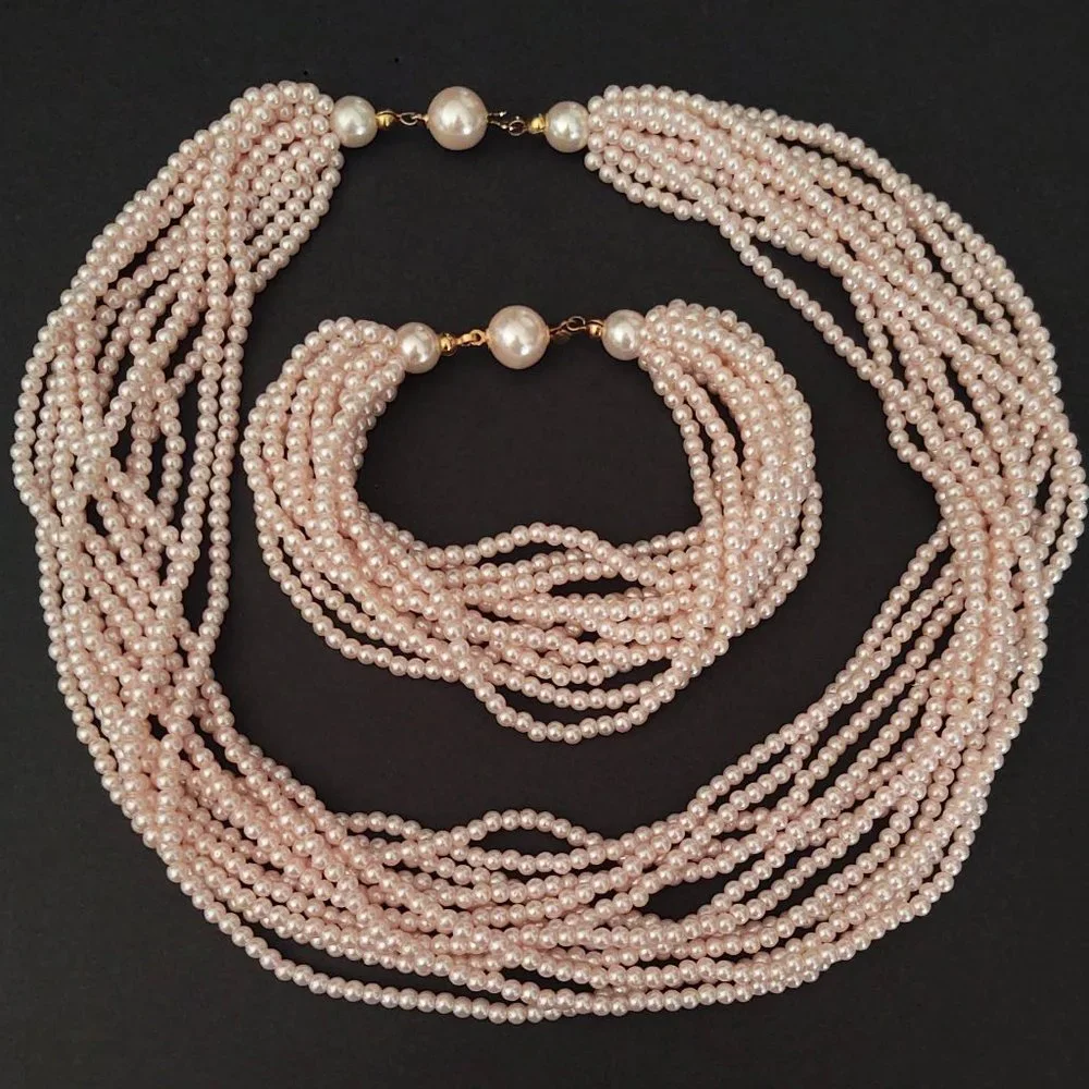 Vintage multi strand pink beaded necklace and bracelet set